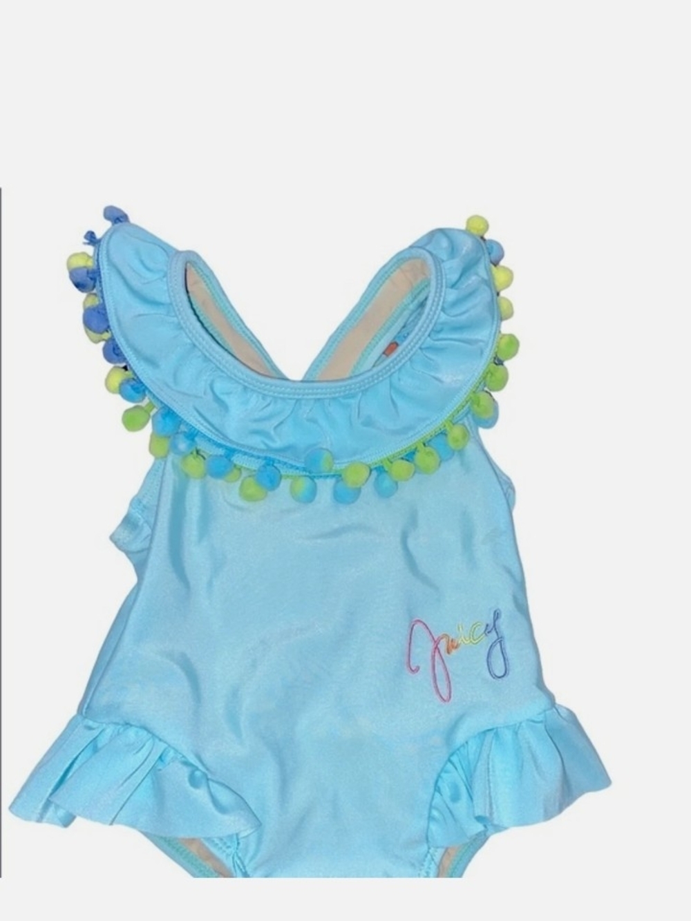 Juicy Couture Light Blue Girls One-Piece Swimsuit with Pom Trim